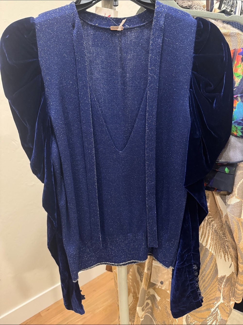 Free People Deep Navy Sparkle V-Neck Sweater with Velvet Puff Sleeves